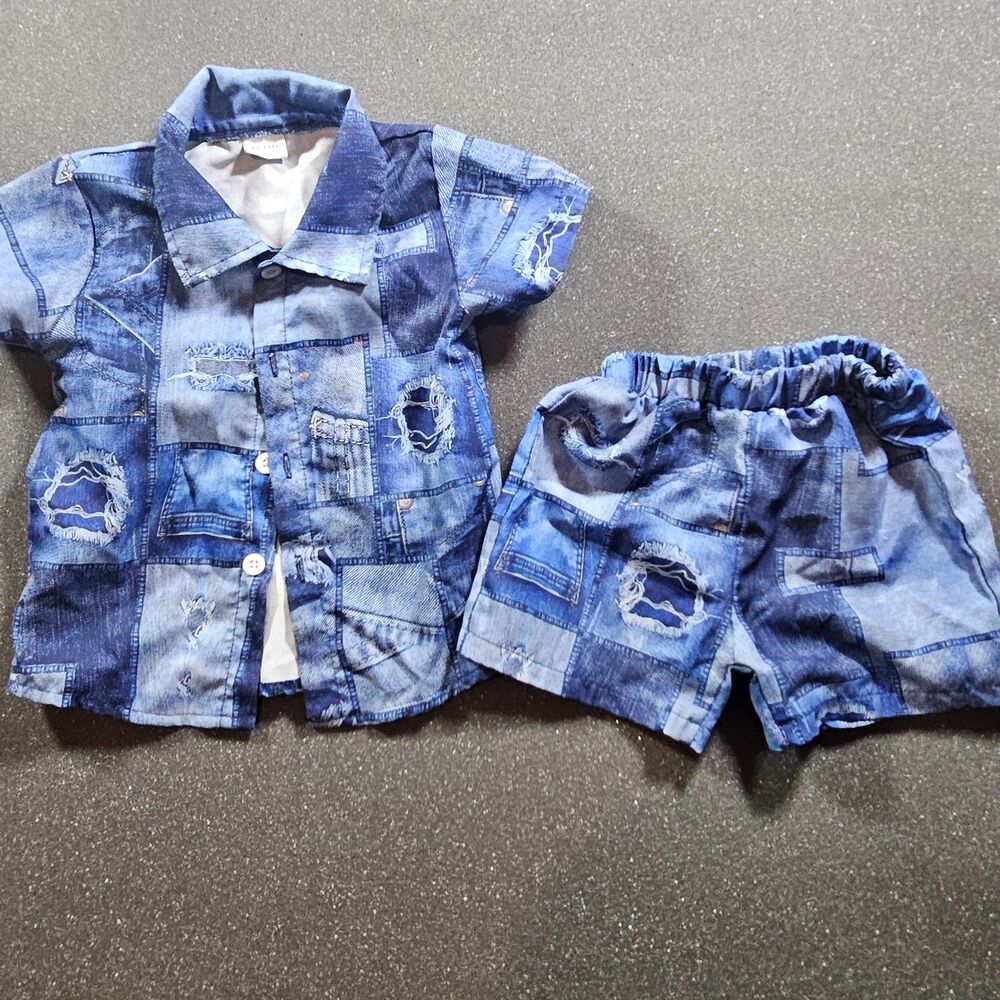 Toddler Denim Print Outfit Set 12-18M Button Shirt Shorts Matching